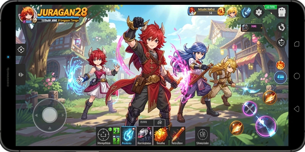 Tangkapan layar mendemonstrasikan pertarungan seru dalam JURAGAN28 dengan karakter Anime.