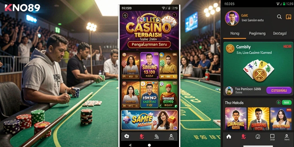 Screenshot gameplay KNO89 menunjukkan dealer langsung dan suasana kasino yang vibrant.