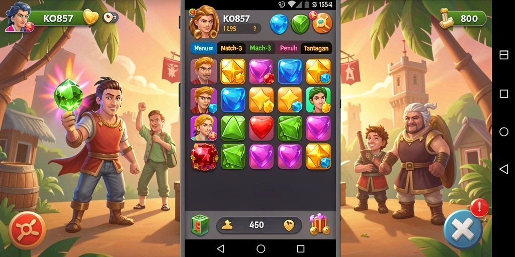 Tampilan gameplay seru dalam permainan Match-3 KO857, penuh warna dan tantangan.