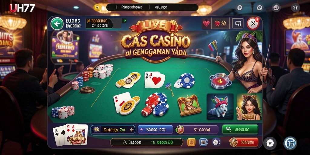 Tampilan gameplay UH77 yang menarik dengan dealer profesional di meja kasino.